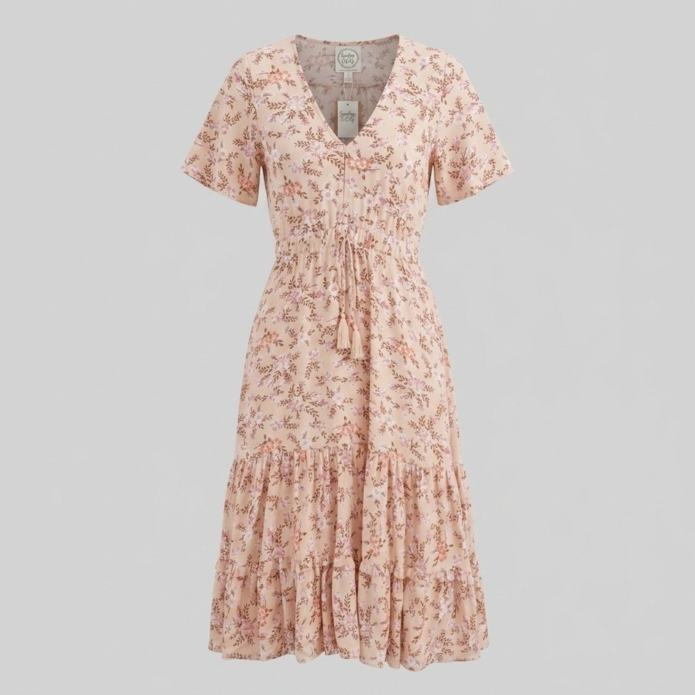 Sunday Mi Amor Dress Women S Apricot Floral Flutter Sleeve Tiered Midi Pink Boho